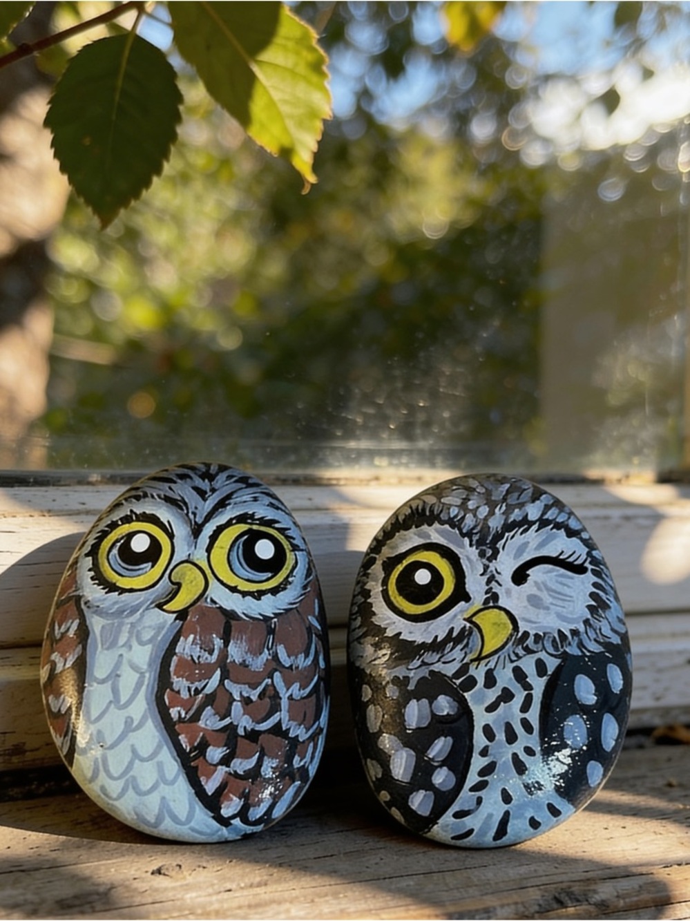 Hand crafted painted OWL rocks yellow black gray white set of 2 stones 2x1.5 in
